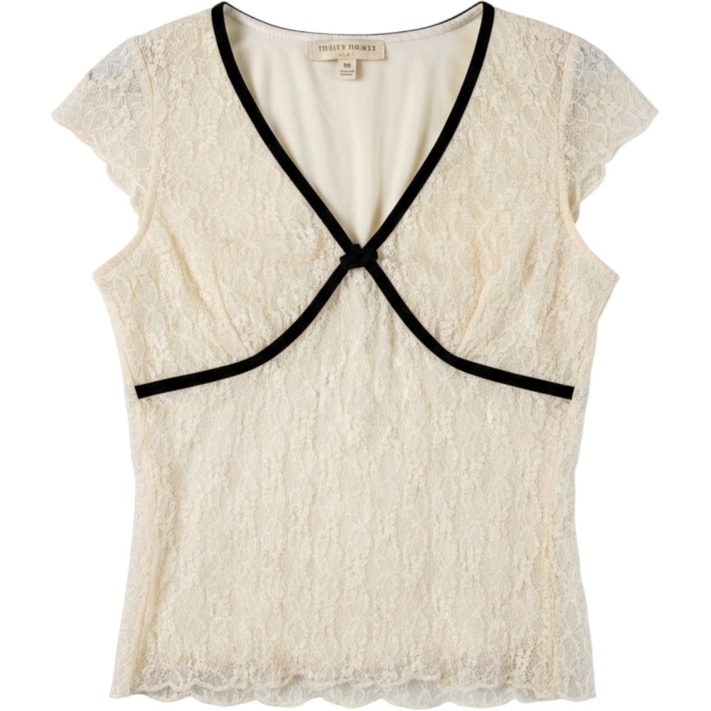 Thirty Thirty Lace Blouse Womens Medium Cream Black Velvet Trim Coquette Top
